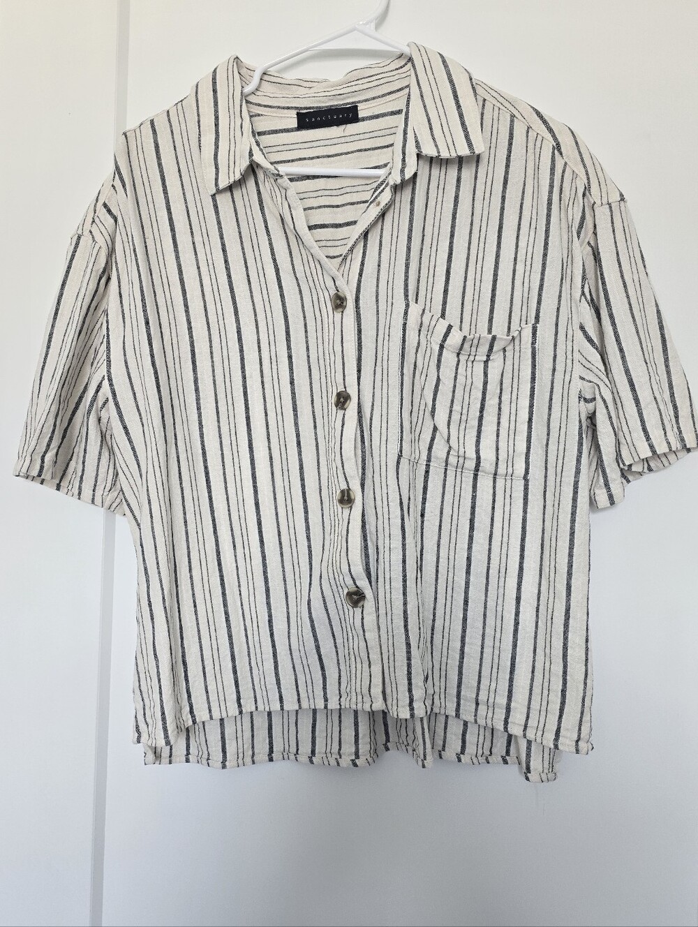 Sanctuary Linen Blend Boxy Striped Short-Sleeve Button-Up Shirt - Cream/Black